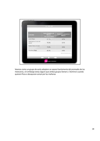 V e a m o s c o m o u n g r u p o d e e a r l y a d o p t e r s s e s e p a r a f u e r t e m e n t e d e l p r o m e d i o d e l o s
m e x i c a n o s , s i n e m b a r g o e s t o y s e g u r o q u e a m b o s g r u p o s l l a m a n a D o m i n o ’ s c u a n d o
q u i e r e n P i z z a o d e s a y u n a n c e r e a l p o r l a s m a ñ a n a s
1 8
 