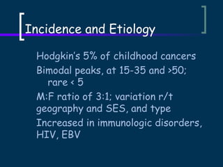 Incidence and Etiology
Hodgkin’s 5% of childhood cancers
Bimodal peaks, at 15-35 and >50;
rare < 5
M:F ratio of 3:1; variation r/t
geography and SES, and type
Increased in immunologic disorders,
HIV, EBV

 