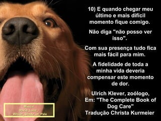 10) E quando chegar meu último e mais difícil momento fique comigo.  Não diga "não posso ver isso".  Com sua presença tudo fica mais fácil para mim.  A fidelidade de toda a minha vida deveria compensar este momento de dor. Ulrich Klever, zoólogo, Em: "The Complete Book of Dog Care" Tradução Christa Kurmeier   Mísica: David_Lanz_-_Whiter_Shade_of_Pale 