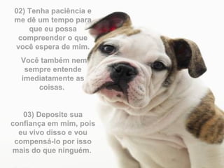 02) Tenha paciência e
me dê um tempo para
    que eu possa
 compreender o que
você espera de mim.
  Você também nem
   sempre entende
  imediatamente as
      coisas.


   03) Deposite sua
confiança em mim, pois
  eu vivo disso e vou
 compensá-lo por isso
mais do que ninguém.
 