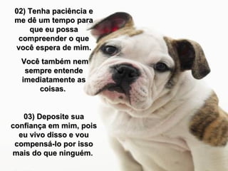 02) Tenha paciência e02) Tenha paciência e
me dê um tempo parame dê um tempo para
que eu possaque eu possa
compreender o quecompreender o que
você espera de mim.você espera de mim.
Você também nemVocê também nem
sempre entendesempre entende
imediatamente asimediatamente as
coisas.coisas.
03) Deposite sua03) Deposite sua
confiança em mim, poisconfiança em mim, pois
eu vivo disso e voueu vivo disso e vou
compensá-lo por issocompensá-lo por isso
mais do que ninguém.mais do que ninguém.
 