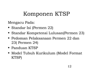 Komponen KTSP
Mengacu Pada:
• Standar Isi (Permen 22)
• Standar Kompetensi Lulusan(Permen 23)
• Pedoman Pelaksanaan Permen 22 dan
  23( Permen 24)
• Panduan KTSP
• Model Tubuh Kurikulum (Model Format
  KTSP)

                              12
 