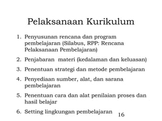 Pelaksanaan Kurikulum
1. Penyusunan rencana dan program
   pembelajaran (Silabus, RPP: Rencana
   Pelaksanaan Pembelajaran)
2. Penjabaran materi (kedalaman dan keluasan)
3. Penentuan strategi dan metode pembelajaran
4. Penyediaan sumber, alat, dan sarana
   pembelajaran
5. Penentuan cara dan alat penilaian proses dan
   hasil belajar
6. Setting lingkungan pembelajaran
                                     16
 