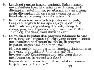 6.   Lengkapi renstra jangka panjang; Dalam rangka
     mendekatkan kondisi usaha ke arah yang telah
     ditetapkan sebelumnya, perubahan apa saja yang
     perlu diterapkan dalam renstra yang pertama?
     Perubahan apa yang akan diusahakan?
7.   Rumuskan renstra sekolah jangka menengah;
     Langkah-langkah besar apa saja yang dituntut
     dalam situasi yang sedang ditelaah, renop demi
     renop, program, kegiatan, organisasi, dan SDM?
     Teknologi apa yang akan diusahakan?
8.   Rumuskan kegiatan dan program tahunan; Secara
     rinci, langkah-langkah apa saja yang dituntut untuk
     dilaksanakan dari tahun ke tahun, di program,
     kegiatan, organisasi, dan manusia?
     Khusus untuk tahun pertama, langkah tindakan apa
     saja yang dibutuhkan? Prioritasnya? Nilai
     investasinya? Keuntungan apa saja yang dapat
     membenarkan investasi tersebut?
     Kapan dapat memastikan bahwa pelaksanaannya
     berjalan sesuai harapan?
                                           23
 