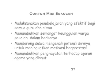 Contoh Misi Sekolah


• Melaksanakan pembelajaran yang efektif bagi
  semua guru dan siswa
• Menumbuhkan semangat keunggulan warga
  sekolah dalam berkarya
• Mendorong siswa mengenali potensi dirinya
  untuk meningkatkan motivasi berprestasi
• Menumbuhkan penghayatan terhadap ajaran
  agama yang dianut

                                27
 