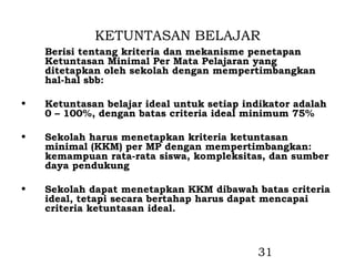 KETUNTASAN BELAJAR
    Berisi tentang kriteria dan mekanisme penetapan
    Ketuntasan Minimal Per Mata Pelajaran yang
    ditetapkan oleh sekolah dengan mempertimbangkan
    hal-hal sbb:

•   Ketuntasan belajar ideal untuk setiap indikator adalah
    0 – 100%, dengan batas criteria ideal minimum 75%

•   Sekolah harus menetapkan kriteria ketuntasan
    minimal (KKM) per MP dengan mempertimbangkan:
    kemampuan rata-rata siswa, kompleksitas, dan sumber
    daya pendukung

•   Sekolah dapat menetapkan KKM dibawah batas criteria
    ideal, tetapi secara bertahap harus dapat mencapai
    criteria ketuntasan ideal.



                                            31
 