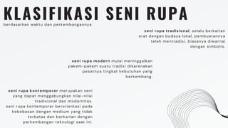 KLASIFIKASI SENI RUPA
berdasarkan waktu dan perkembangannya
seni rupa tradisional, selalu berkaitan
erat dengan budaya lokal, pembuatannya
telah mentradisi, biasanya diwarnai
dengan simbolis.
seni rupa modern mulai meninggalkan
pakem-pakem suatu tradisi dikarenakan
pesatnya tingkat kebutuhan yang
berkembang.
seni rupa kontemporer merupakan seni
yang dapat menggabungkan nilai-nilai
tradisional dan modernitas.
seni rupa kontemporer berorientasi pada
kebebasan dengan medium yang tidak
terbatas dan berkaitan dengan
perkembangan teknologi saat ini.
 