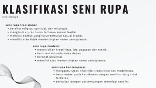 KLASIFIKASI SENI RUPA
ciri-cirinya
seni rupa tradisional:
bersifat religius, spiritual, dan mitologis.
mengikuti aturan turun temurun sesuai tradisi.
memiliki bentuk yang turun temurun sesuai tradisi.
memiliki atau tidak mementingkan nama penciptanya.
seni rupa modern:
menonjolkan kreativitas, ide, gagasan dan teknik.
berorientasi pada masa depan.
bersifat universal.
memiliki atau mementingkan nama penciptanya.
seni rupa kontemporer:
menggabungkan nilai-nilai tradisional dan modernitas.
berorientasi pada kebebasan dengan medium yang tidak
terbatas.
berkaitan dengan perkembangan teknologi saat ini.
 
