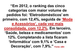 “Em 2012, o ranking das cinco
   categorias com maior volume de
  pedidos foi: „Eletrodomésticos‟ em
primeiro, com 12,4%, seguida de „Moda
      e Acessórios‟, cada vez mais
 consolidada, com 12,2%. Em terceiro,
 „Saúde, beleza e medicamentos‟ com
   12%. Completando a lista ficaram
   „Informática‟ com 9,1% e „Casa e
     Decoração‟, com 7,9%.” Fonte: eBit
 
