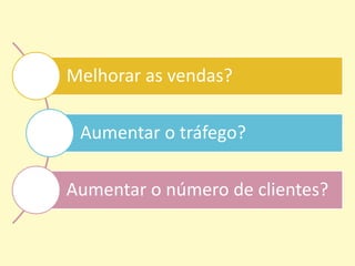 Melhorar as vendas?
Aumentar o tráfego?
Aumentar o número de clientes?
 