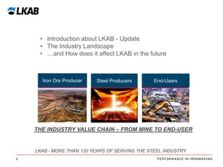 • Introduction about LKAB - Update
• The Industry Landscape
• …and How does it affect LKAB in the future

Iron Ore Producer

Steel Producers

End-Users

THE INDUSTRY VALUE CHAIN – FROM MINE TO END-USER

LKAB - MORE THAN 120 YEARS OF SERVING THE STEEL INDUSTRY
2

 