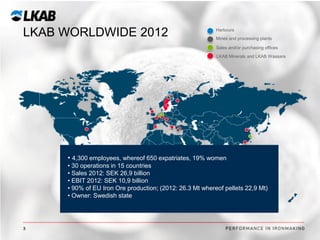 LKAB WORLDWIDE 2012

Harbours
Mines and processing plants

Sales and/or purchasing offices
LKAB Minerals and LKAB Wassara

• 4,300 employees, whereof 650 expatriates, 19% women
• 30 operations in 15 countries
• Sales 2012: SEK 26,9 billion
• EBIT 2012: SEK 10,9 billion
• 90% of EU Iron Ore production; (2012: 26.3 Mt whereof pellets 22,9 Mt)
• Owner: Swedish state

3

 