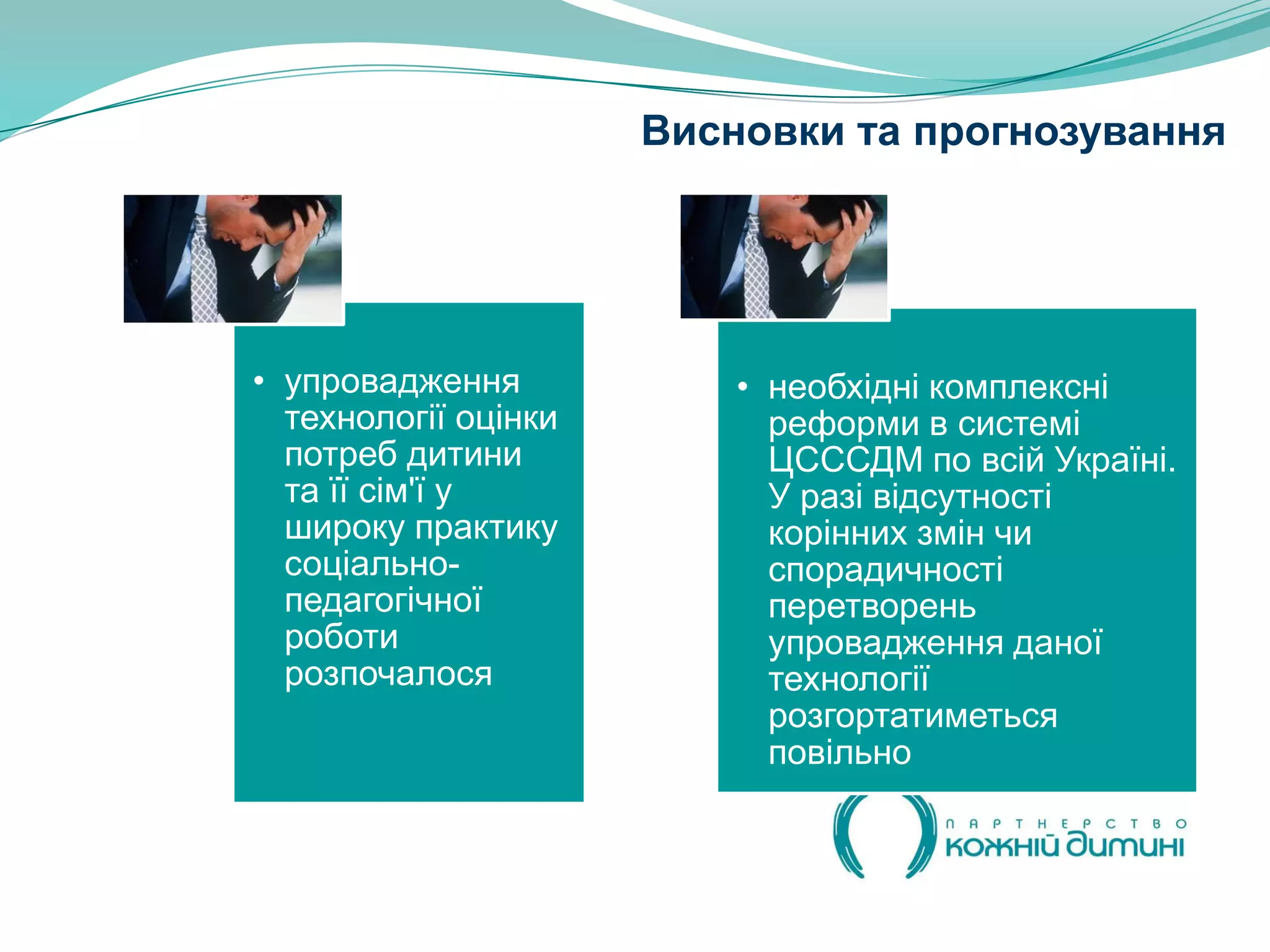 Висновки та прогнозування




• упровадження            • необхідні комплексні
  технології оцінки         реформи в системі
  потреб дитини             ЦСССДМ по всій Україні.
  та її сім'ї у             У разі відсутності
  широку практику           корінних змін чи
  соціально-                спорадичності
  педагогічної              перетворень
  роботи                    упровадження даної
  розпочалося               технології
                            розгортатиметься
                            повільно
 