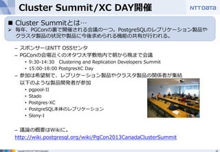 Cluster Summit/XC DAY開催 
– スポンサーはNTT OSSセンタ 
– PGConの会場近くのオタワ⼤大学敷地内で朝から晩まで会議 
• 9:30-‐‑‒14:30 Clustering and Replication Developers Summit 
• 15:00-‐‑‒18:00 PostgresXC Day  
– 参加は希望制で、レプリケーション製品やクラスタ製品の関係者が集結 
以下のような製品開発者が参加 
• pgpool-‐‑‒II 
• Stado 
• Postgres-‐‑‒XC 
• PostgreSQL本体のレプリケーション 
• Slony-‐‑‒I 
– 議論論の概要はWikiに。 
http://wiki.postgresql.org/wiki/PgCon2013CanadaClusterSummit 
Copyright © 2012 NTT DATA Corporation 15 
 
n Cluster Summitとは… 
Ø 毎年年、PGConの裏裏で開催される会議の⼀一つ。PostgreSQLのレプリケーション製品や 
クラスタ製品の状況や製品に今後求められる機能の共有が⾏行行われる。 
 