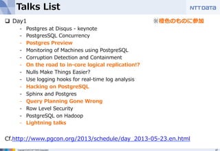 Talks List 
q Day1 ※橙⾊色のものに参加 
- Postgres at Disqus -‐‑‒ keynote 
- PostgresSQL Concurrency 
- Postgres Preview 
- Monitoring of Machines using PostgreSQL 
- Corruption Detection and Containment 
- On the road to in-‐‑‒core logical replication!?  
- Nulls Make Things Easier? 
- Use logging hooks for real-‐‑‒time log analysis 
- Hacking on PostgreSQL 
- Sphinx and Postgres 
- Query Planning Gone Wrong 
- Row Level Security 
- PostgreSQL on Hadoop 
- Lightning talks 
 
Cf.http://www.pgcon.org/2013/schedule/day_̲2013-‐‑‒05-‐‑‒23.en.html 
 
Copyright © 2012 NTT DATA Corporation 27 
 