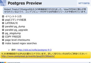 Postgres Preview 
Robert TreatよりPostgreSQL9.3の新機能紹介がされました。ViewやFDWに関⼼心が寄 
せられているようで、コントリビュータの中では9⽉月頃のリリースが予想されています。 
p イベントトリガ 
p psqlコマンドの拡張 
p LATERAL句句 
p parallel pg_̲dump 
p parallel pg_̲upgrade 
p pg_̲xlogdump 
p COPY FREEZE 
p page level checksums 
p index based regex searches 
 
Ø 資料料：http://slid.es/xzilla/postgres-‐‑‒9-‐‑‒3 
9.3の新機能紹介はJPUGの夏セミナで⾏行行います。詳しく知りたい⽅方はぜひご参加ください！ 
http://www.postgresql.jp/events/jpug201306semi/ 
Copyright © 2012 NTT DATA Corporation 33 
 