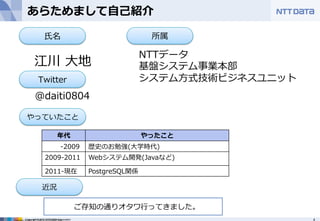 あらためまして⾃自⼰己紹介 
⽒氏名 
Twitter 
@daiti0804 
Copyright © 2012 NTT DATA Corporation 4 
Copyright © 2011 NTT DATA CORPORATION 
NTTデータ  
基盤システム事業本部 
システム⽅方式技術ビジネスユニット 
江川 ⼤大地 
所属 
やっていたこと 
年年代やったこと 
-‐‑‒2009歴史のお勉強(⼤大学時代) 
2009-‐‑‒2011Webシステム開発(Javaなど) 
2011-‐‑‒現在PostgreSQL関係 
近況 
ご存知の通りオタワ⾏行行ってきました。 
 
