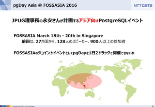 39Copyright © 2015 NTT DATA Corporation
pgDay Asia @ FOSSASIA 2016
FOSSASIA March 18th - 20th in Singapore
前回は、27か国から、128人...