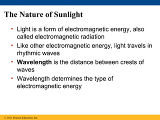 The Nature of Sunlight
     • Light is a form of electromagnetic energy, also
       called electromagnetic radiation
     • Like other electromagnetic energy, light travels in
       rhythmic waves
     • Wavelength is the distance between crests of
       waves
     • Wavelength determines the type of
       electromagnetic energy



© 2011 Pearson Education, Inc.
 