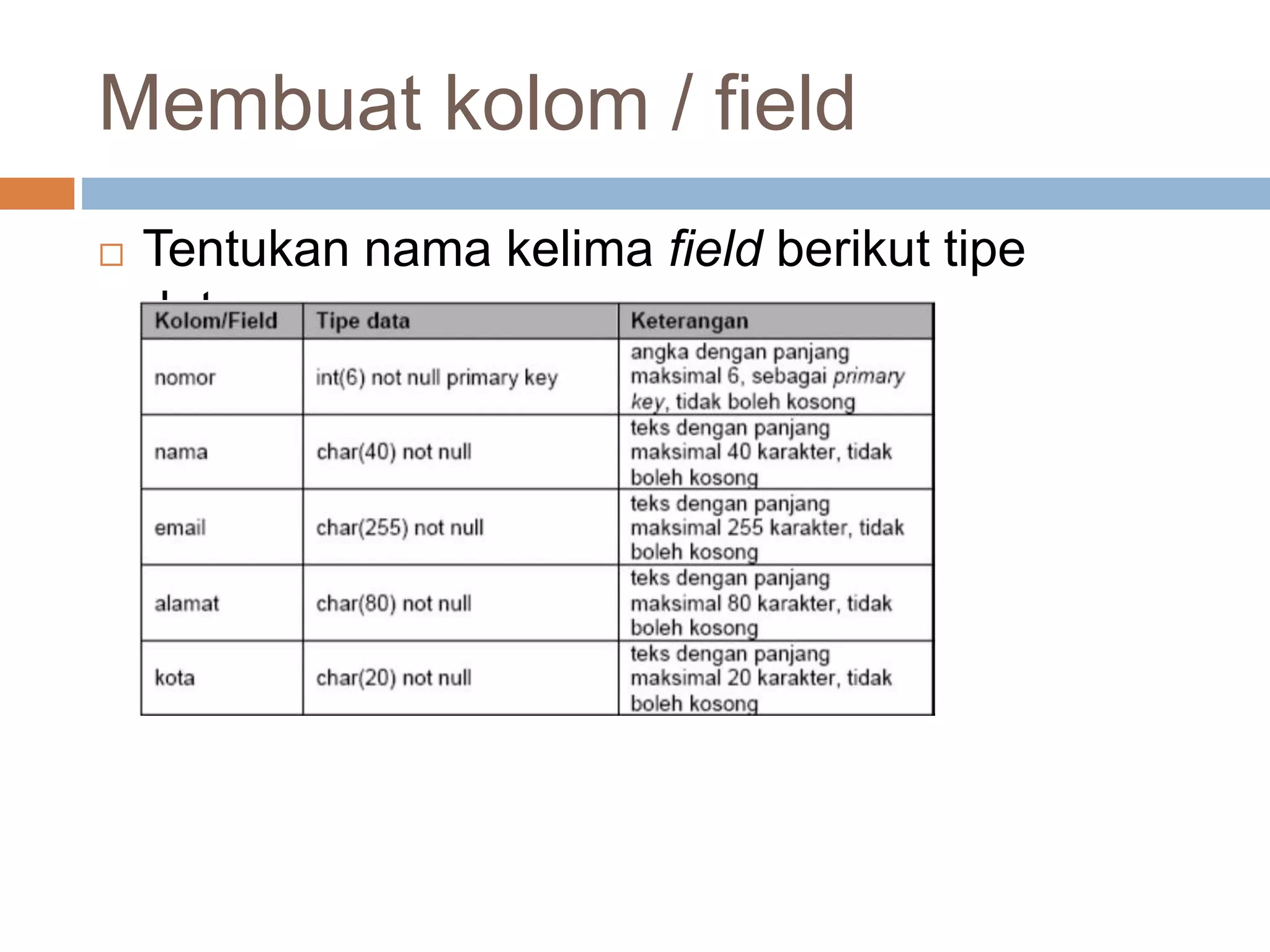 Membuat kolom / field
 Tentukan nama kelima field berikut tipe
datanya
 