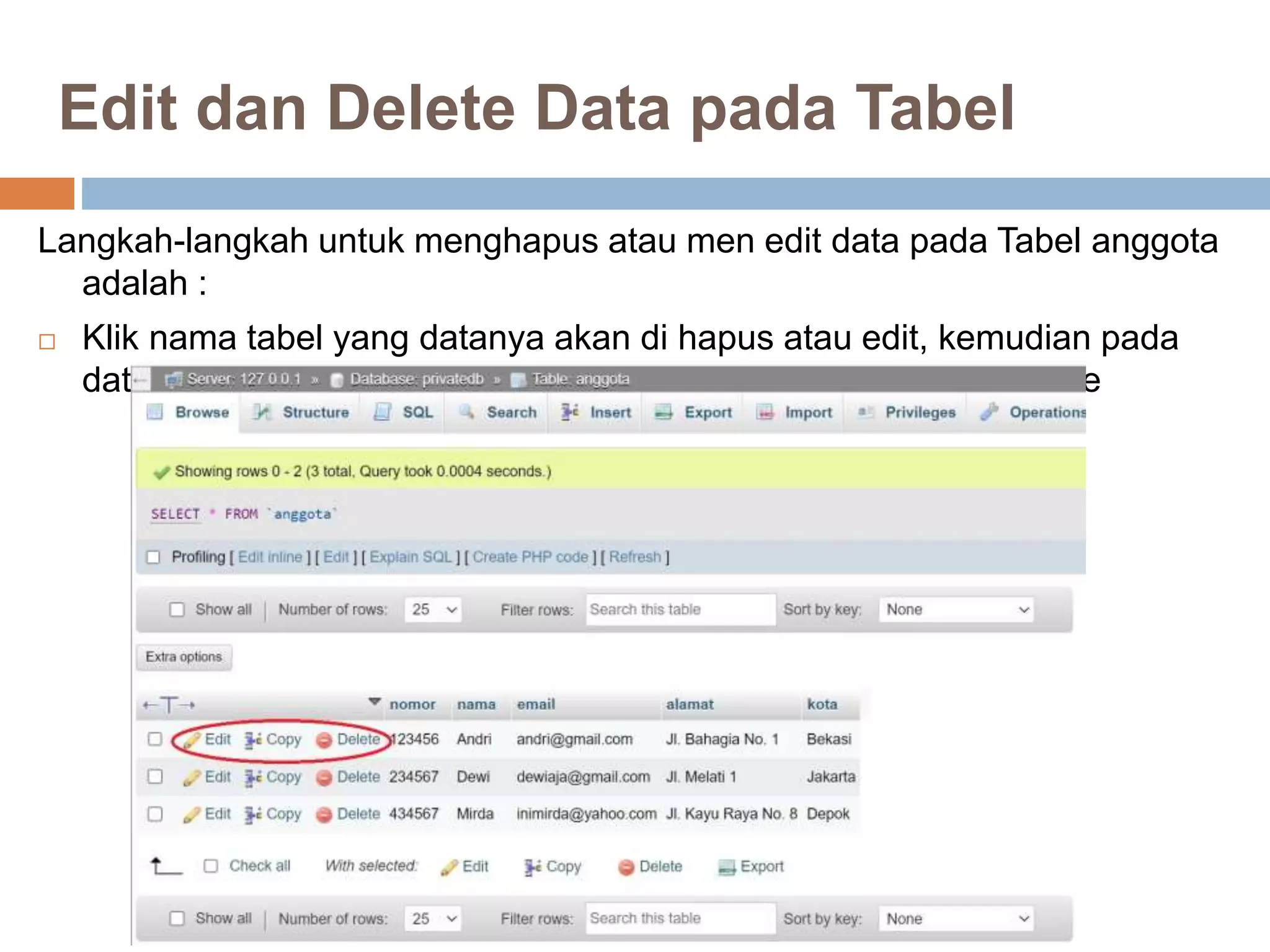 Edit dan Delete Data pada Tabel
Langkah-langkah untuk menghapus atau men edit data pada Tabel anggota
adalah :
 Klik nama tabel yang datanya akan di hapus atau edit, kemudian pada
data yang akan dihapus atau edit dapat di klik pilihan Edit, Delete
 
