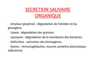 SECRETION SALIVAIRE
ORGANIQUE
- Amylase (ptyaline) : dégradation de l’amidon et du
glucogène.
- Lipase : dégradation des graisses.
- Lysozyme : dégradation de la membrane des bactéries.
- Kallicréïne : activation des kininogènes.
- Autres : immunoglobuline, mucine, protéine plasmatique
(albumine).
 