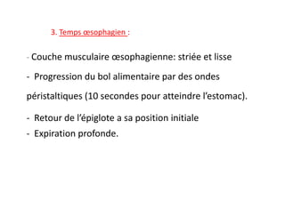 3. Temps œsophagien :
- Couche musculaire œsophagienne: striée et lisse
- Progression du bol alimentaire par des ondes
péristaltiques (10 secondes pour atteindre l’estomac).
péristaltiques (10 secondes pour atteindre l’estomac).
- Retour de l’épiglote a sa position initiale
- Expiration profonde.
 