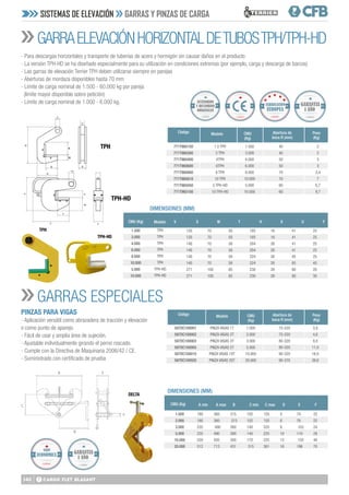 140
- Para descargas horizontales y transporte de tuberías de acero y hormigón sin causar daños en el producto
- La versión TPH-HD se ha diseñado especialmente para su utilización en condiciones extremas (por ejemplo, carga y descarga de barcos)
- Las garras de elevación Terrier TPH deben utilizarse siempre en parejas
- Aberturas de mordaza disponibles hasta 70 mm
- Límite de carga nominal de 1.500 - 60.000 kg por pareja
(límite mayor disponible sobre petición)
- Límite de carga nominal de 1.000 - 6.000 kg.
PINZAS PARA VIGAS
- Aplicación versátil como abrazadera de tracción y elevación
o como punto de aparejo.
- Fácil de usar y amplia área de sujeción.
- Ajustable individualmente girando el perno roscado.
- Cumple con la Directiva de Maquinaria 2006/42 / CE.
- Suministrado con certificado de prueba
SISTEMAS DE ELEVACIÓN GARRAS Y PINZAS DE CARGA
GARRAELEVACIÓNHORIZONTALDETUBOSTPH/TPH-HD
GARRAS ESPECIALES
TPH
TPH-HD
T
U
R
W
V
X
Y
S
TY
X
R
W
U
V
S
TPH
TPH-HD
Peso
(Kg)
Peso
(Kg)
Código
Código
Modelo
Modelo
Abertura de
boca R (mm)
Abertura de
boca R (mm)
CMU
(Kg)
CMU
(Kg)
DIMENSIONES (MM)
DIMENSIONES (MM)
CMU (Kg)
CMU (Kg)
Modelo V	 S 	 W	 T	 H	 X	 U	 Y
771T960150
771T960300
771T960400
771T960600
771T960800
771T960810
771T965050
771T965100
40
40
50
50
70
70
60
60
2
2
3
3
3,4
7
6,7
9,7
1.500
3.000
4.000
6.000
8.000
10.000
5.000
10.000
1.5 TPH
3 TPH
4TPH
6TPH
8 TPH
10 TPH
5 TPH-HD
10 TPH-HD
TPH
TPH
TPH
TPH
TPH
TPH
TPH-HD
TPH-HD
1.500
3.000
4.000
6.000
8.000
10.000
5.000
10.000
120	
70	50	185	
16	41	25
120	
70	50	185	
16	41	25
140	
70	58	204	
26	41	25
140	
70	58	204	
26	41	25
140	
70	58	224	
26	45	25
140	
70	58	224	
26	85	45
271	100	85	 230	26	 80	 20
271	100	85	 230	26	 80	 30
DELTA
587DC100001
587DC100002
587DC100003
587DC100005
587DC100010
587DC100020
PINZA VIGAS 1T
PINZA VIGAS 2T
PINZA VIGAS 3T
PINZA VIGAS 5T
PINZA VIGAS 10T
PINZA VIGAS 20T
1.000
2.000
3.000
5.000
10.000
20.000
75-220
75-220
80-320
80-320
90-320
90-370
3,8
4,6
9,0
11,0
16,0
39,6
1.000
2.000
3.000
5.000
10.000
20.000
180 	 360 	 215 	 102 	 155 	 5 	 74	 22
180 	 360	 215 	 102 	 155 	 6 	 76 	 22
235	 490 	 260 	 140 	 225 	 8	 103 	 24
235 	 490 	 260 	 140 	 225 	 10 	 110 	 28
320 	 505 	 260 	 170 	 225 	 12	 120 	 40
512 	 713 	 431	 315 	 361 	 16 	 196 	 70
A min	 A max	 B	 C min 	 C max	 D 	 E 	 F
Calidad Calidad
GARANTIA
1 AÑO
Calidad
GARANTIA
1 AÑO
Calidad
ACCESORIOS
Y RECAMBIOS
ORIGINALES
Calidad
SERIE
ECONÓMICA
 