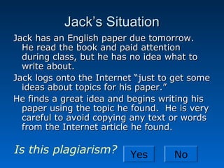 Jack’s Situation
Jack has an English paper due tomorrow.
  He read the book and paid attention
  during class, but he has no idea what to
  write about.
Jack logs onto the Internet “just to get some
  ideas about topics for his paper.”
He finds a great idea and begins writing his
  paper using the topic he found. He is very
  careful to avoid copying any text or words
  from the Internet article he found.

Is this plagiarism?       Yes       No
 