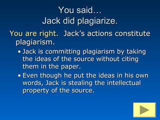 You said…
         Jack did plagiarize.
You are right. Jack’s actions constitute
 plagiarism.
  • Jack is committing plagiarism by taking
    the ideas of the source without citing
    them in the paper.
  • Even though he put the ideas in his own
    words, Jack is stealing the intellectual
    property of the source.
 