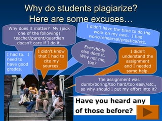 Why do students plagiarize?
         Here are some excuses…
                                   I didn’t h
Why does it matter? My (pick                 ave the t
                                       work on         ime to do
    one of the following)                       my own.           the
                                    work/reh               I had
  teacher/parent/guardian                     earsal/pr
                                                        actice/et
    doesn’t care if I do it.                                     c.
                                  Every
                                        b
              I didn’t know     else d ody               I didn’t
                                      oe
I had to. I   that I had to     Why n s it.          understand the
need to                               o t me
                 cite my           too?     ,          assignment
have good        sources.                             and I needed
grades.                                                some help.

                                        The assignment was
                                dumb/boring/too hard/too easy/etc.,
                                so why should I put my effort into it?


                               Have you heard any
                               of those before?
 
