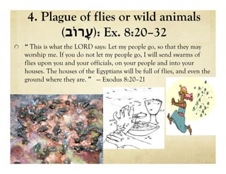 4. Plague of flies or wild animals
(‫ָרֹוב‬‫ע‬): Ex. 8:20–32
!   “ This is what the LORD says: Let my people go, so that they may
worship me. If you do not let my people go, I will send swarms of
flies upon you and your officials, on your people and into your
houses. The houses of the Egyptians will be full of flies, and even the
ground where they are. ” — Exodus 8:20–21
 