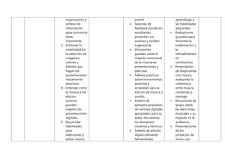 organización y
síntesis de
información
para comunicar
ideas
claramente.
3. Estimular la
creatividad en
la selección de
imágenes,
colores y
fuentes que
hagan las
presentaciones
visualmente
atractivas.
4. Entender cómo
la música y los
efectos
sonoros
pueden
mejorar las
presentaciones
digitales.
5. Desarrollar
habilidades
para
seleccionar y
editar música
juvenil.
 Sesiones de
feedback donde los
estudiantes
presentan sus
avances y reciben
sugerencias.
 Discusiones
guiadas sobre el
impacto emocional
de la música en
presentaciones y
películas.
 Talleres prácticos
sobre herramientas
gratuitas y
accesibles para la
edición de música y
sonido.
 Análisis de
ejemplos populares
de remixes digitales
apropiados para su
edad, discutiendo
los elementos
creativos y técnicos.
 Talleres de edición
digital utilizando
herramientas
aprendizaje y
las habilidades
adquiridas.
 Evaluaciones
grupales para
fomentar la
colaboración y
la
retroalimentaci
ón
constructiva.
 Presentación
de diaporamas
con música,
evaluando la
coherencia
entre música,
contenido y
mensaje.
 Discusiones de
grupo sobre
las elecciones
musicales y su
impacto en la
audiencia.
 Presentaciones
de los
proyectos de
remix, con
 