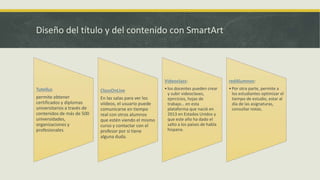 Diseño del título y del contenido con SmartArt
Tutellus
permite obtener
certificados y diplomas
universitarios a través de
contenidos de más de 500
universidades,
organizaciones y
profesionales.
ClassOnLive
En las salas para ver los
viídeos, el usuario puede
comunicarse en tiempo
real con otros alumnos
que estén viendo el mismo
curso y contactar con el
profesor por si tiene
alguna duda.
Videoclass:
•los docentes pueden crear
y subir videoclases,
ejercicios, hojas de
trabajo… en esta
plataforma que nació en
2013 en Estados Unidos y
que este año ha dado el
salto a los países de habla
hispana.
redAlumnos:
•Por otra parte, permite a
los estudiantes optimizar el
tiempo de estudio, estar al
día de las asignaturas,
consultar notas,