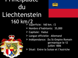 Principauté
     du
Liechtenstein
  160 km/2
         Superficie: 160 km. /2
             Nombre d’habitants: 35,000
             Capitale: Vaduz
             Langue officielle: Allemand
             Indépendance: Du St-Empire Romain
                               germanique le 12
                               juillet 1806
             Situé: Entre la Suisse et l’Autriche
 