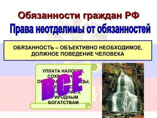 Обязанности граждан РФ


ОБЯЗАННОСТЬ – ОБЪЕКТИВНО НЕОБХОДИМОЕ,
     ДОЛЖНОЕ ПОВЕДЕНИЕ ЧЕЛОВЕКА


        УПЛАТА НАЛОГОВ,
          СОХРАНЕНИЕ
      ОКРУЖАЮЩЕЙ СРЕДЫ,
           БЕРЕЖНОЕ
          ОТНОШЕНИЕ К
          ПРИРОДНЫМ
          БОГАТСТВАМ
                            11
 
