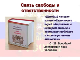 Связь свободы и
ответственности
        • «Каждый человек
          имеет обязанности
          перед обществом, в
          котором только и
          возможно свободное
          и полное развитие
          личности»
            Ст.29 Всеобщей
         декларации прав
         человека

                  13
 