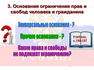 3. Основания ограничения прав и
 свобод человека и гражданина




                            Учебник,
                            с.196-197




                       14
 