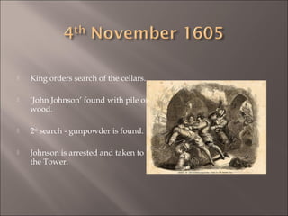 

King orders search of the cellars.



‘John Johnson’ found with pile of
wood.



2nd search - gunpowder is found.



Johnson is arrested and taken to
the Tower.

 