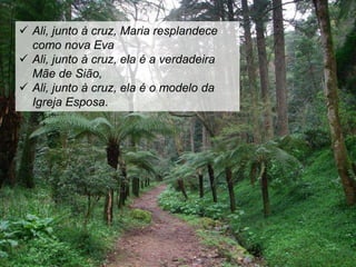  Ali, junto à cruz, Maria resplandece
como nova Eva
 Ali, junto à cruz, ela é a verdadeira
Mãe de Sião,
 Ali, junto à cruz, ela é o modelo da
Igreja Esposa.
 
