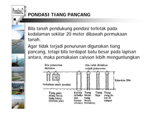 PONDASI TIANG PANCANG
Bila tanah pendukung pondasi terletak pada
kedalaman sekitar 20 meter dibawah permukaan
tanah.
Agar tidak terjadi penurunan digunakan tiang
pancang, tetapi bila terdapat batu besar pada lapisan
antara maka pemakaian caisson lebih menguntungkanantara, maka pemakaian caisson lebih menguntungkan
 