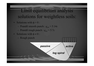 Limit equilibrium analysisLimit equilibrium analysisLimit equilibrium analysis
solutions for weightless soils:
Limit equilibrium analysis
solutions for weightless soils:solutions for weightless soils:solutions for weightless soils:
• Solutions with φ = 0 :
P d l h h 5 14– Prandtl smooth punch : qult = 5.14c
– Prandtl rough punch : qult = 5.7c
l i i h φ• Solutions with φ ≠ 0 :
– Rough punch
passive active
log spiral
 