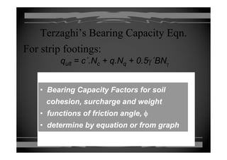 Terzaghi’s Bearing Capacity Eqn.Terzaghi’s Bearing Capacity Eqn.
qq ltlt == c΄ NN ++ qq NN + 0 5+ 0 5γγ΄΄BBNN
For strip footings:
qqultult c ..NNcc ++ qq..NNqq + 0.5+ 0.5γγ BBNNγγ
•• Bearing Capacity Factors for soilBearing Capacity Factors for soil
cohesion, surcharge and weightcohesion, surcharge and weight
•• functions of friction angle,functions of friction angle, φφg ,g , φφ
•• determine by equation or from graphdetermine by equation or from graph
 