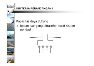 KRITERIA PERANCANGAN I
Kapasitas daya dukung
> beban luar yang ditrasnfer lewat sistem> beban luar yang ditrasnfer lewat sistem
pondasi
 