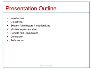 Presentation Outline
• Introduction
• Objectives
• System Architecture / Ideation Map
• Module Implementation
• Results and Discussions
• Conclusion
• References
Department of CSE 1
 