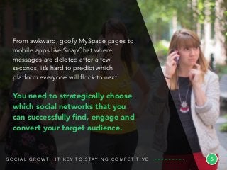 From awkward, goofy MySpace pages to
mobile apps like SnapChat where
messages are deleted after a few
seconds, it’s hard to predict which
platform everyone will flock to next.
You need to strategically choose
which social networks that you
can successfully ﬁnd, engage and
convert your target audience.
5S O C I A L G R O W T H I T K E Y T O S TA Y I N G C O M P E T I T I V E
 