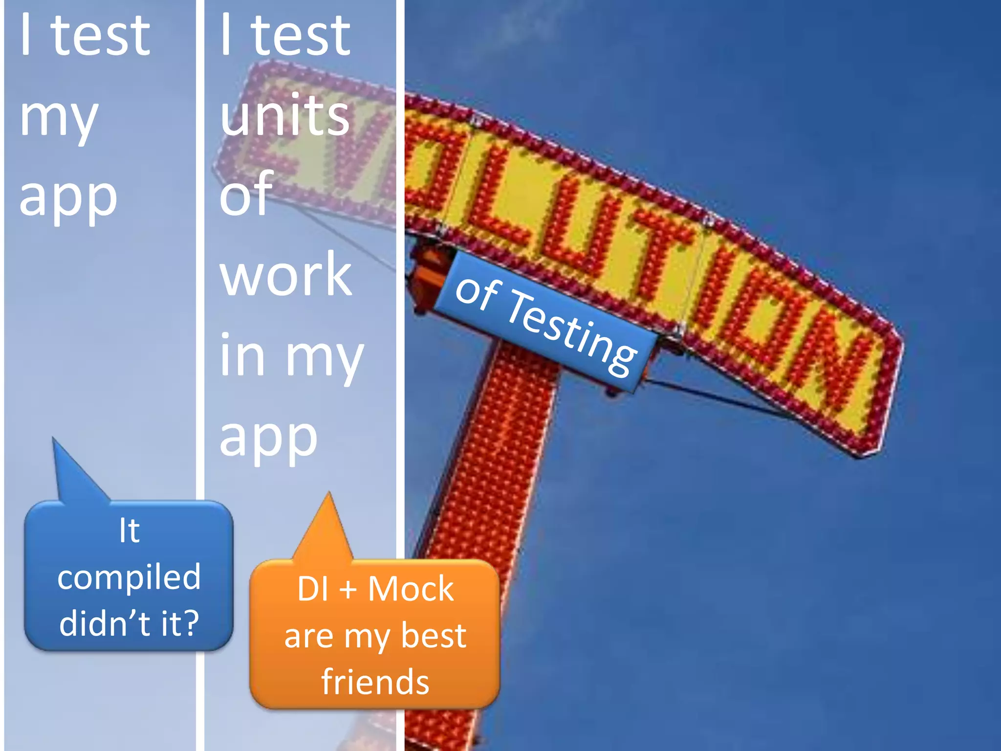 I test my appI test units of workin my appof TestingIt compiled didn’t it?DI + Mock are my best friends