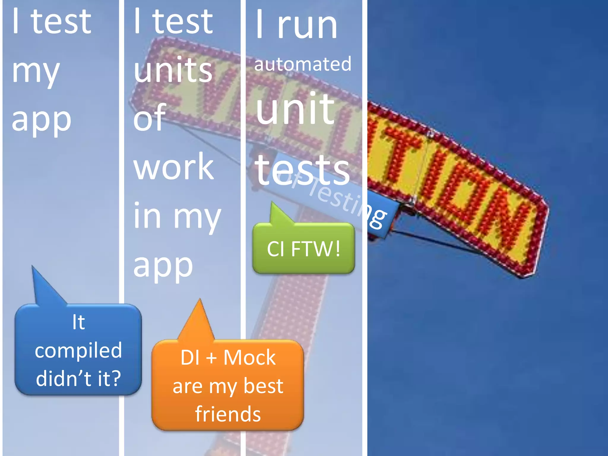 I test my appI test units of workin my appI run automatedunit testsof TestingCI FTW!It compiled didn’t it?DI + Mock are my best friends