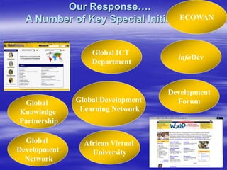 Our Response….
A Number of Key Special Initiatives
Global ICT
Department
infoDev
Global
Development
Network
Global
Knowledge
Partnership
African Virtual
University
Development
Forum
Global Development
Learning Network
ECOWAN
 