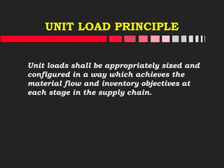 UNIT LOAD PRINCIPLE
Unit loads shall be appropriately sized and
configured in a way which achieves the
material flow and inventory objectives at
each stage in the supply chain.
 